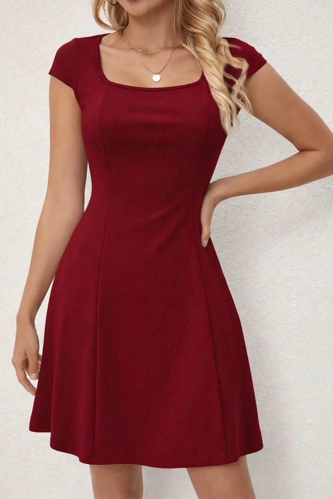 Women's Short Sleeve Square Neck Short Imported Crepe Dress, 33582