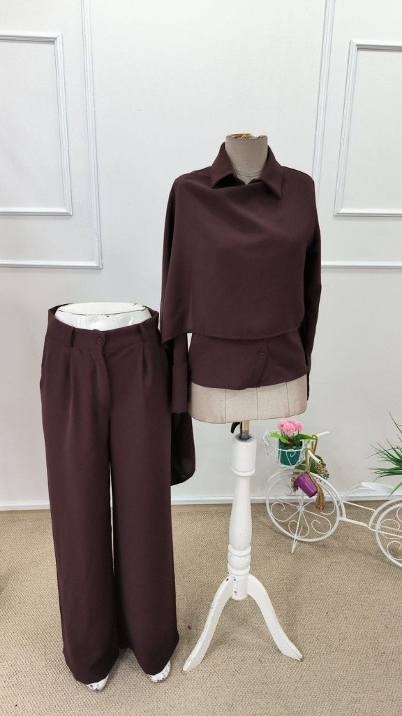 Set de bluză și pantaloni cu mânecă lungă pentru femei, cu detaliu șal, 32191