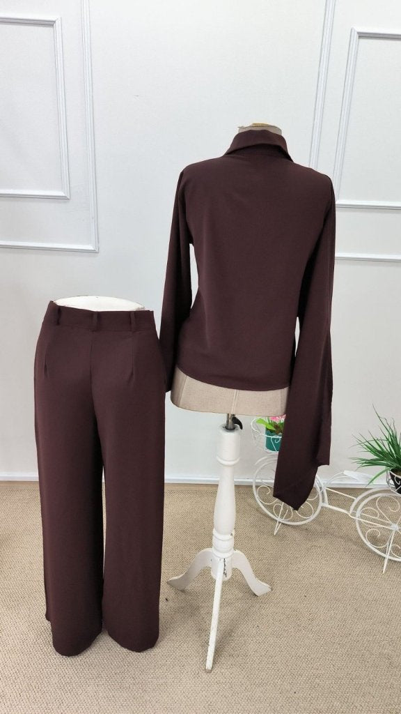 Set de bluză și pantaloni cu mânecă lungă pentru femei, cu detaliu șal, 32191