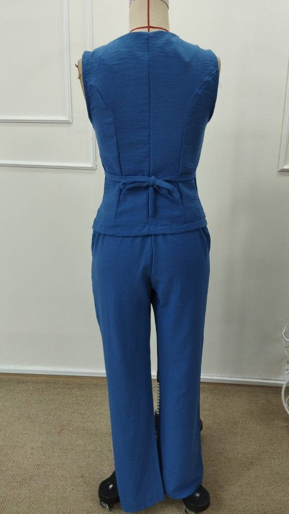 Set Două Piese, Femeie, Bluză din Cânepă Cureluțe Nasturi Frontali, Pantalon, 36728