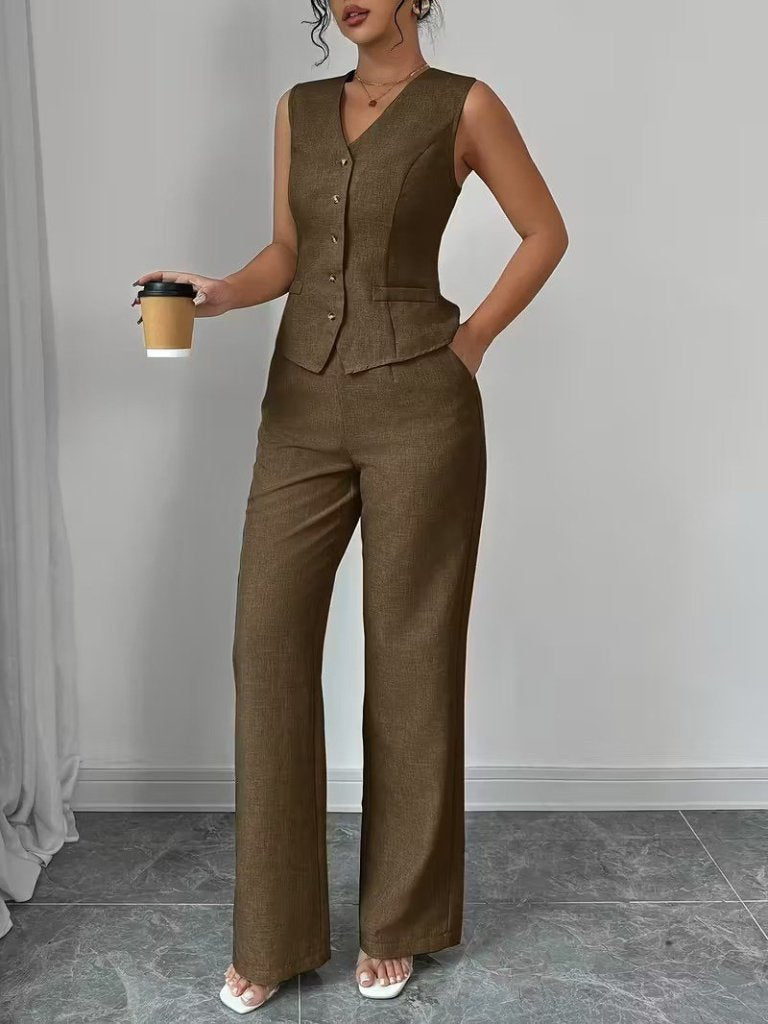Set de două piese pentru femei, din in, cu bluză și pantaloni, fără mâneci, cu nasturi în față, 34098