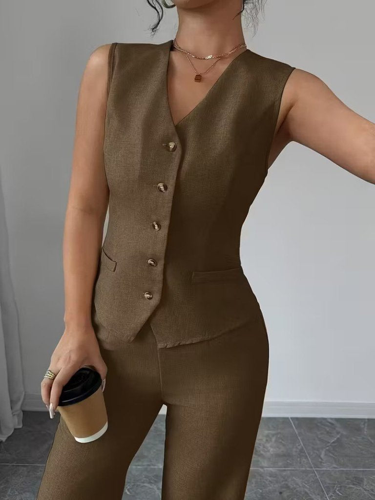 Set de două piese pentru femei, din in, cu bluză și pantaloni, fără mâneci, cu nasturi în față, 34098