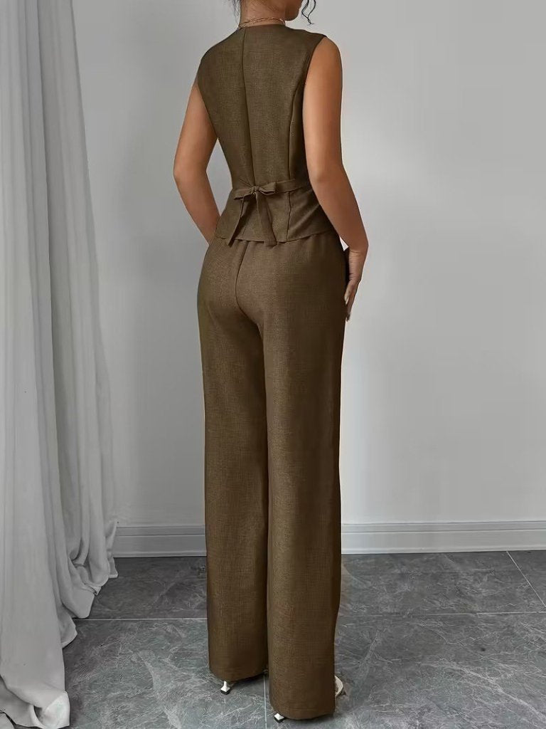 Set de două piese pentru femei, din in, cu bluză și pantaloni, fără mâneci, cu nasturi în față, 34098