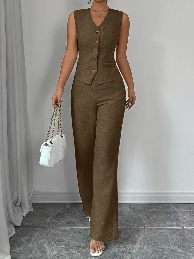 Set de două piese pentru femei, din in, cu bluză și pantaloni, fără mâneci, cu nasturi în față, 34098