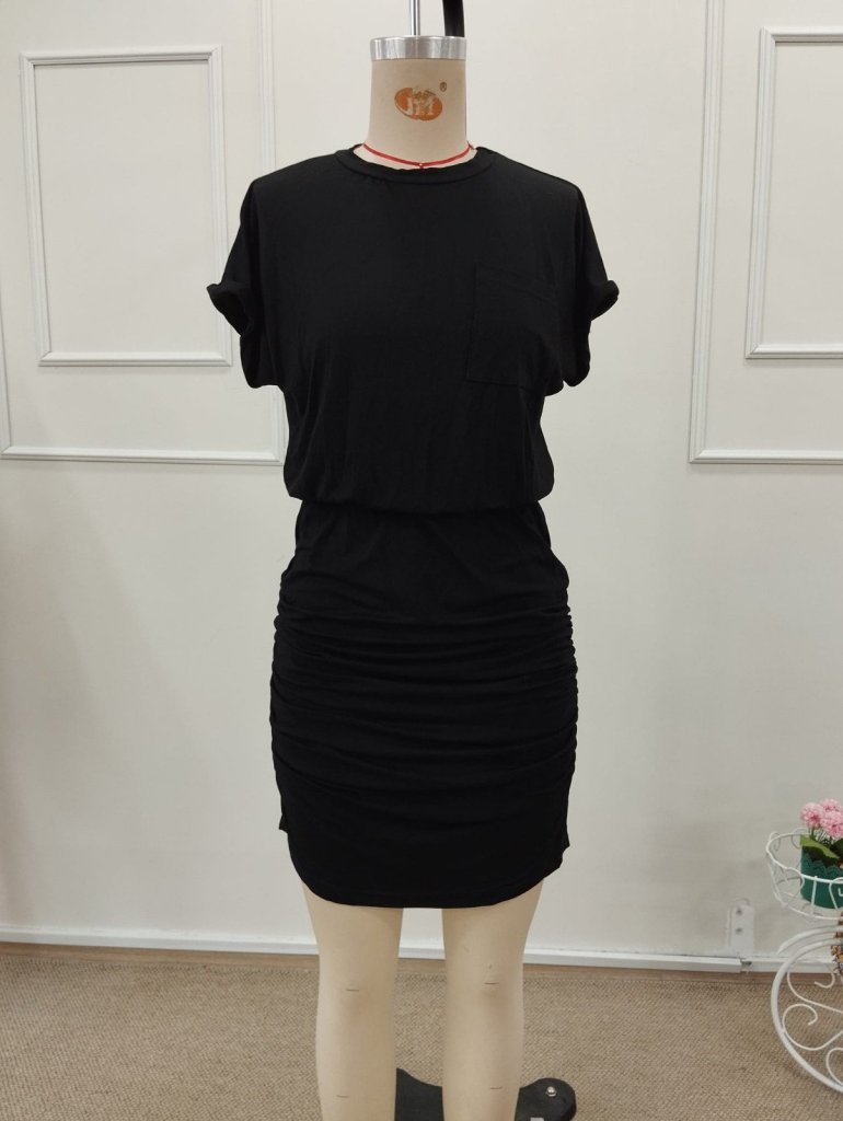 Women's Short Sleeve Crew Neck Pocket Detail Short Viscose Dress, 32200