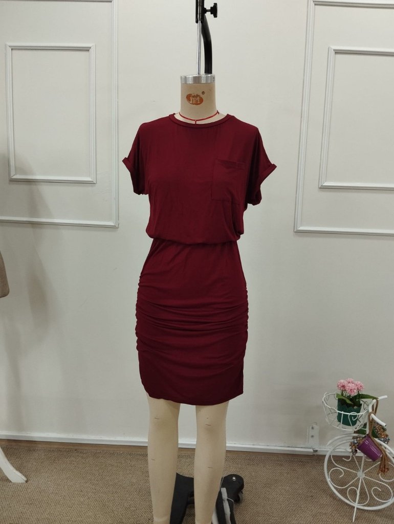 Women's Short Sleeve Crew Neck Pocket Detail Short Viscose Dress, 32202