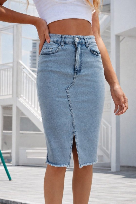Fustă scurtă din denim femininǎ, talie înaltă, cu tăieturi în față, 36390