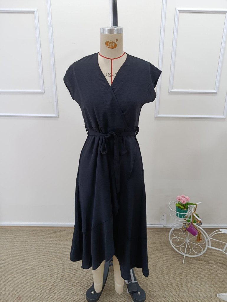 Rochie Midi din Aerobin pentru Femei, Mâneci Scurte, Guler Croisé, Curea la Talie, 35306
