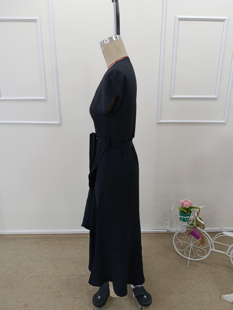 Rochie Midi din Aerobin pentru Femei, Mâneci Scurte, Guler Croisé, Curea la Talie, 35306
