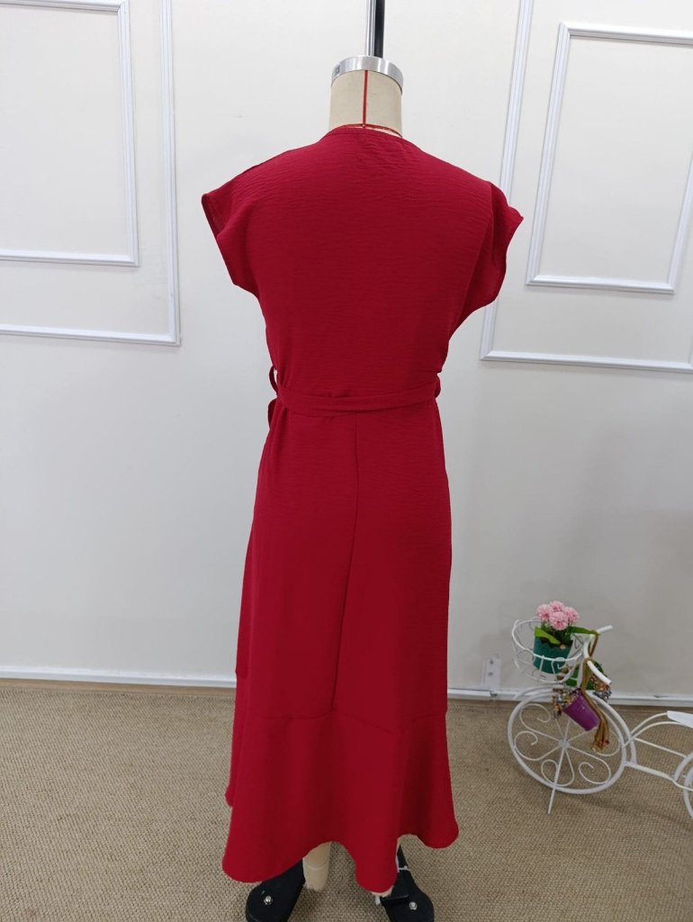 Women's Short Sleeve Wrap Neck Belted Midi Aerobin Dress, 32266