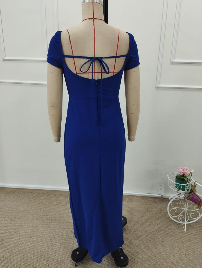 Rochie lungă de damă importată, din crep, cu mânecă scurtă, decolteu pătrat, detalii cu sclipici, șiret la spate și șliț, 32276
