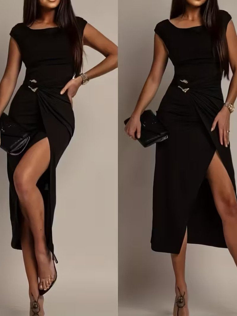 Rochie mini din modal pentru femei, mânecă scurtă, guler geometric, deschis pe față, 35870