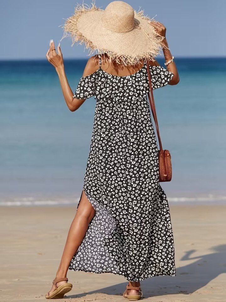Women's Off-the-Shoulder Strappy Slit Patterned Long Supreme Dress, 32348
