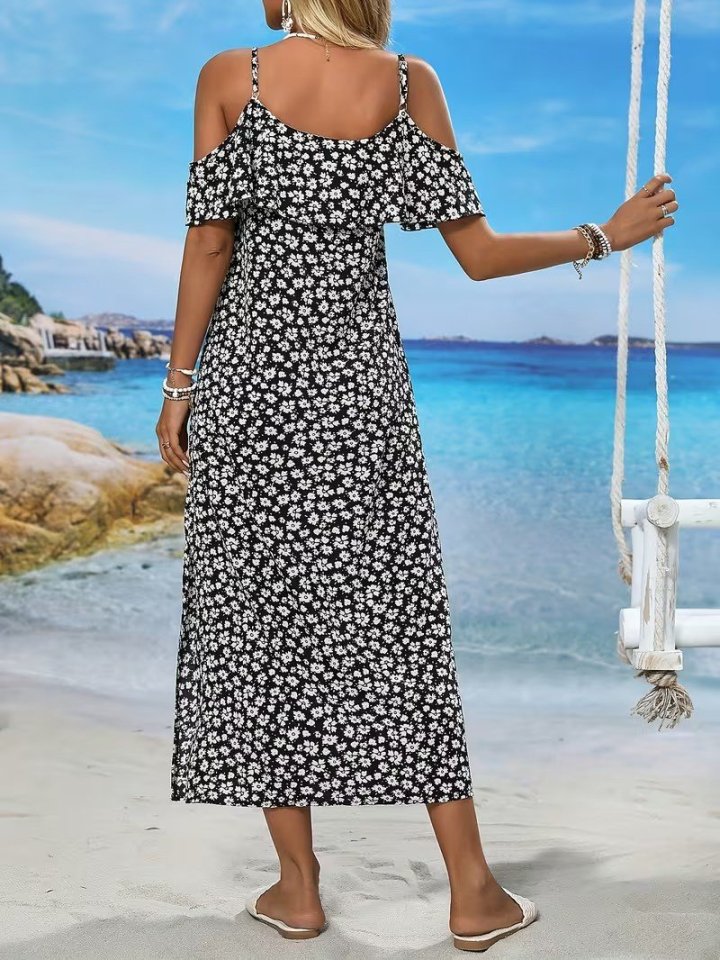 Women's Off-the-Shoulder Strappy Slit Patterned Long Supreme Dress, 32348