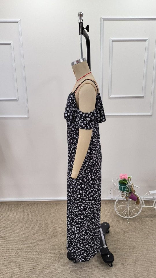 Women's Off-the-Shoulder Strappy Slit Patterned Long Supreme Dress, 32348