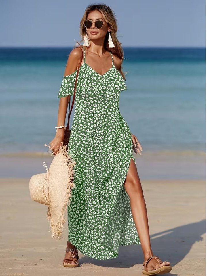 Women's Off-the-Shoulder Strappy Slit Patterned Long Supreme Dress, 32350