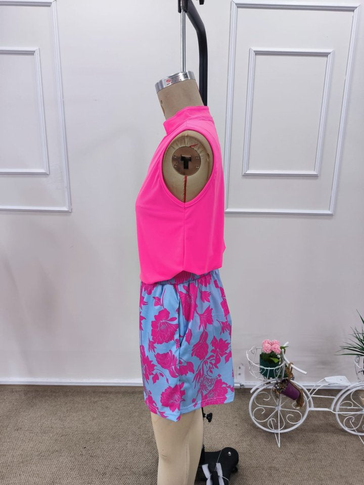 Costum două piese pentru femei: bluză Sandy cu bretele și șort model, guler V, 37151