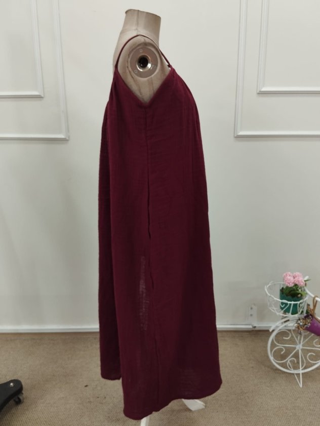 Women's Strappy Round Neck Slit Long Muslin Dress, 32381