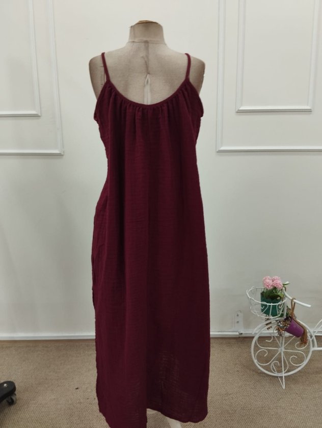 Women's Strappy Round Neck Slit Long Muslin Dress, 32381