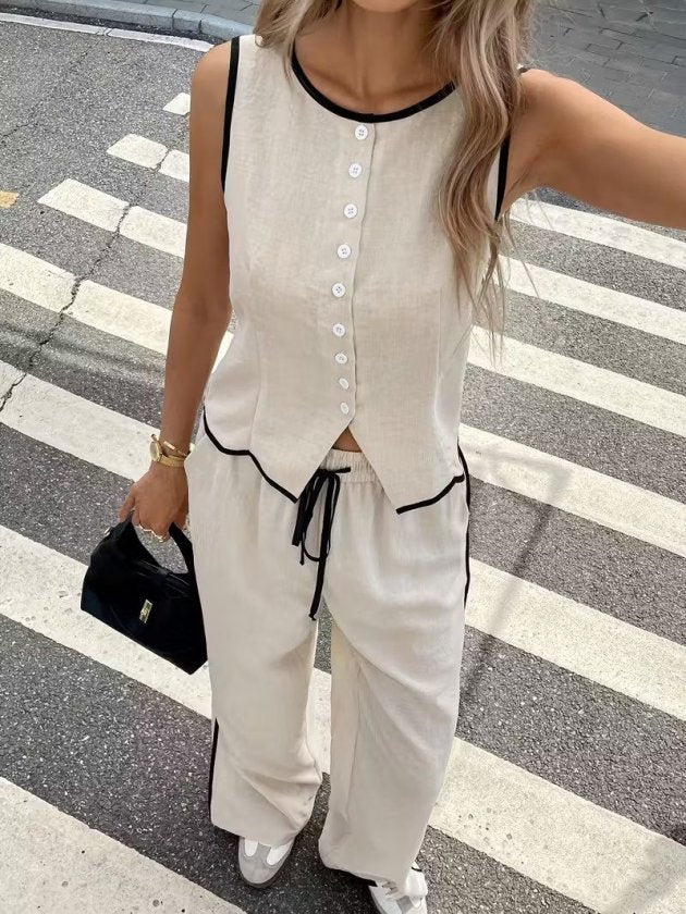 Set de două piese pentru femei, vestă și pantaloni fără mâneci, cu nasturi în față, 34192
