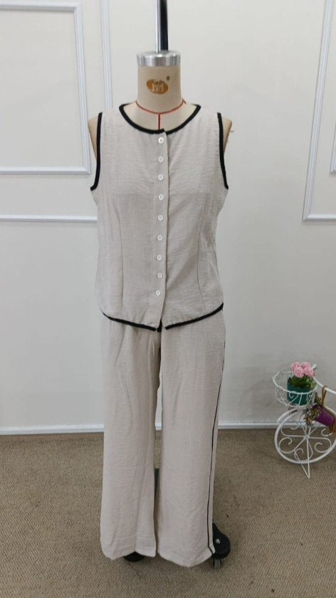 Set de două piese pentru femei, vestă și pantaloni fără mâneci, cu nasturi în față, 34192