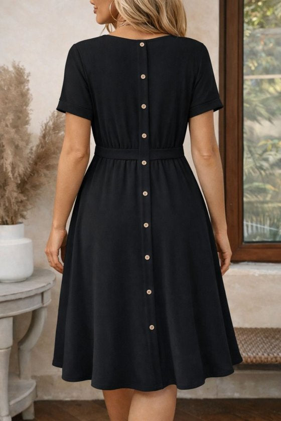 Rochie midi din viscoză pentru femei, cu mânecă scurtă, decolteu rotund și nasturi la spate, 32572
