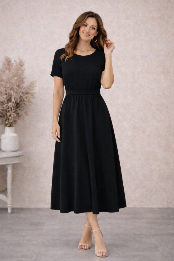 Rochie midi din viscoză pentru femei, cu mânecă scurtă, decolteu rotund și nasturi la spate, 32572