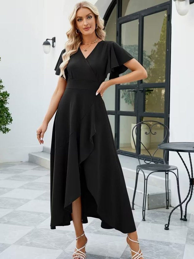 Rochie lungă din crep importat, cu mânecă scurtă, decolteu înfășurat, asimetrică, cu volane în față, 32534