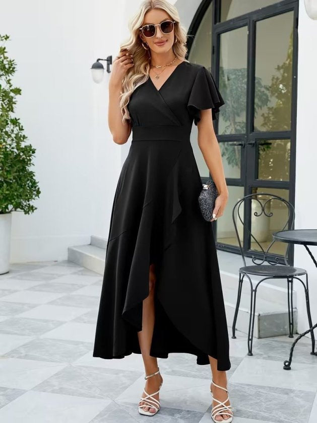Rochie lungă din crep importat, cu mânecă scurtă, decolteu înfășurat, asimetrică, cu volane în față, 32534