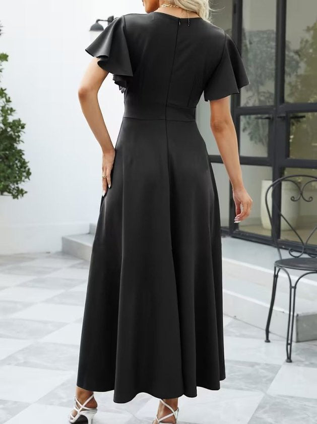 Rochie lungă din crep importat, cu mânecă scurtă, decolteu înfășurat, asimetrică, cu volane în față, 32534