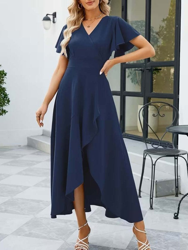 Women's Short-Sleeved Wrap Neck Asymmetrical Ruffle Long Imported Crepe Dress, 32537