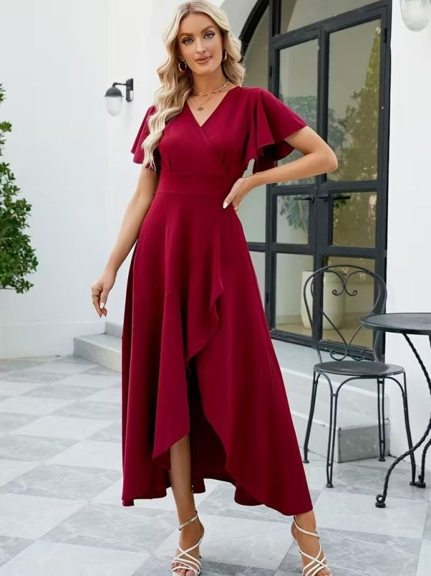 Rochie lungă din crep importat, cu mânecă scurtă, decolteu înfășurat, asimetrică, cu volane în față, 32538
