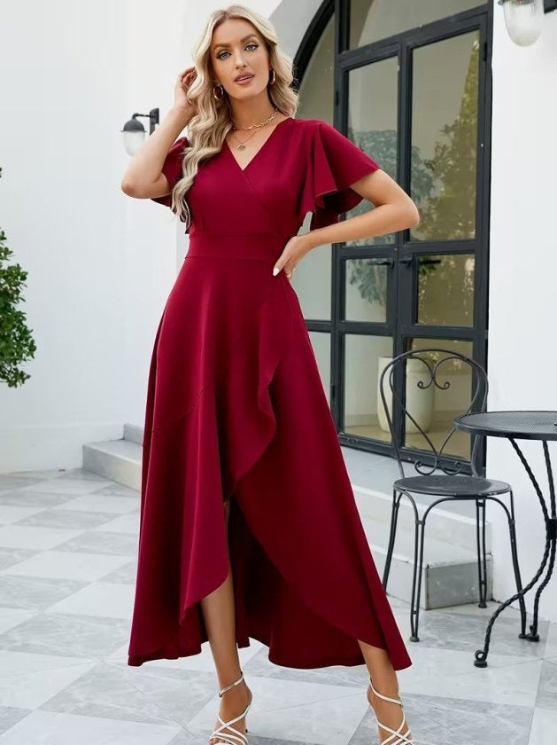 Rochie lungă din crep importat, cu mânecă scurtă, decolteu înfășurat, asimetrică, cu volane în față, 32538