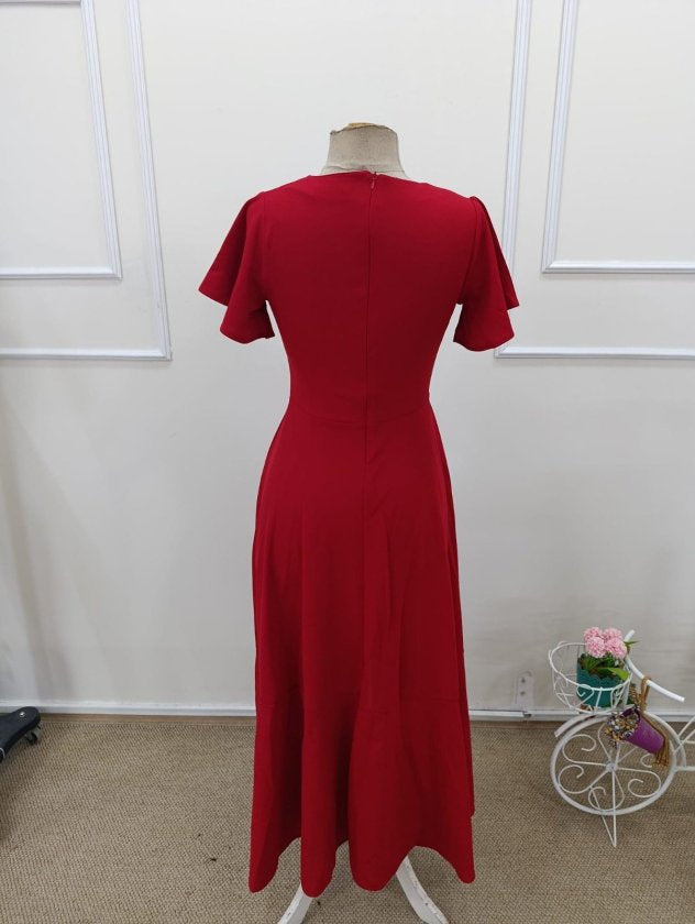 Rochie lungă din crep importat, cu mânecă scurtă, decolteu înfășurat, asimetrică, cu volane în față, 32538