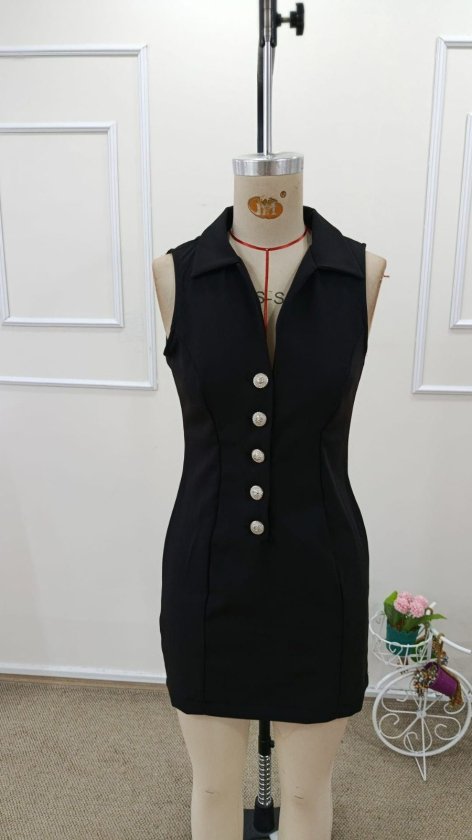Rochie scurtă din satin pentru femei, cu guler cu bretele și nasturi în față, 32544