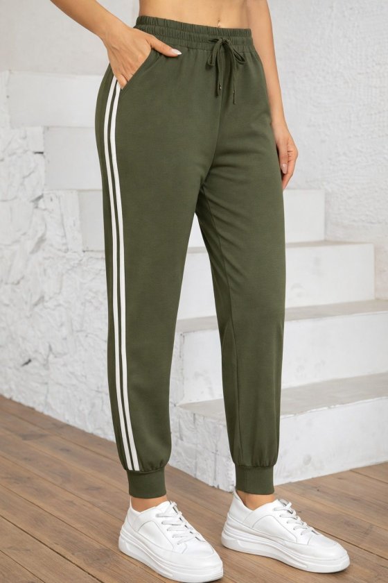 Pantaloni de trening cu talie înaltă din viscoză, cu două fire, pentru femei, cu dungi laterale, 32583