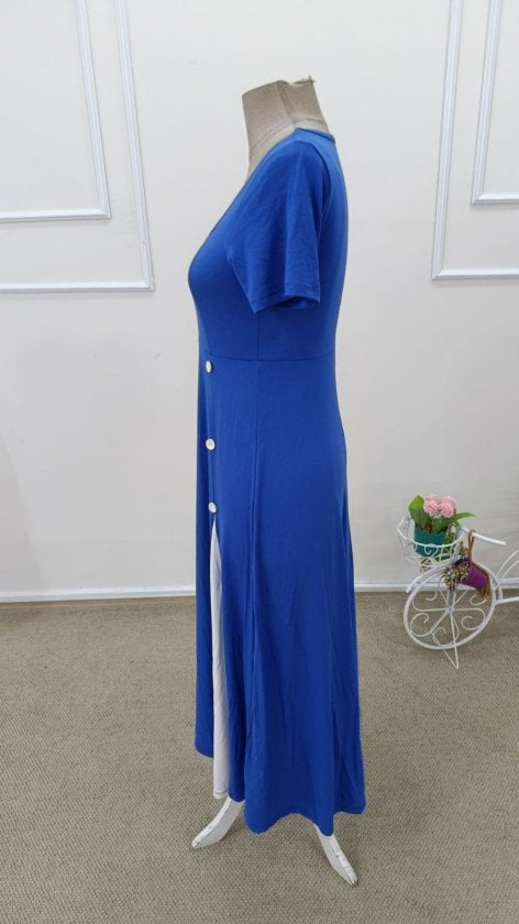 Rochie midi de damă din viscoză, cu mânecă scurtă, guler asimetric și detalii nasturi, 33236