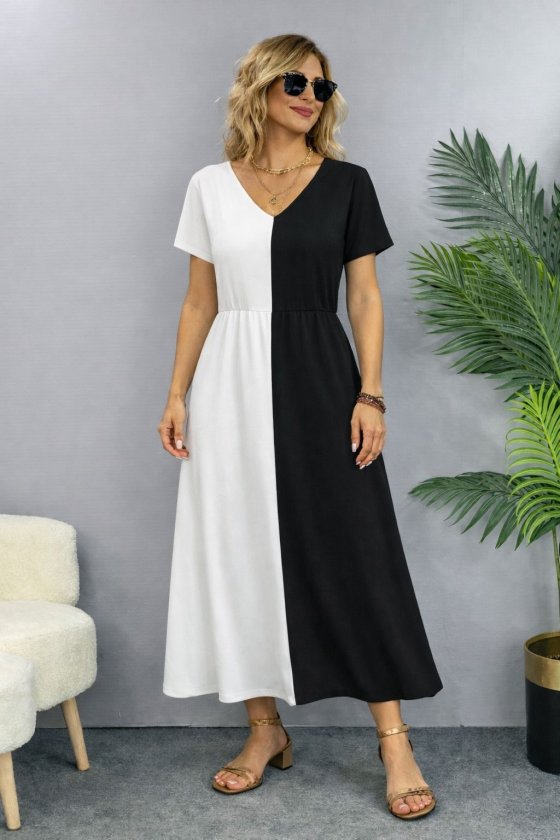 Women's Short Sleeve V-Neck Two-Tone Viscose Midi Dress, 32605