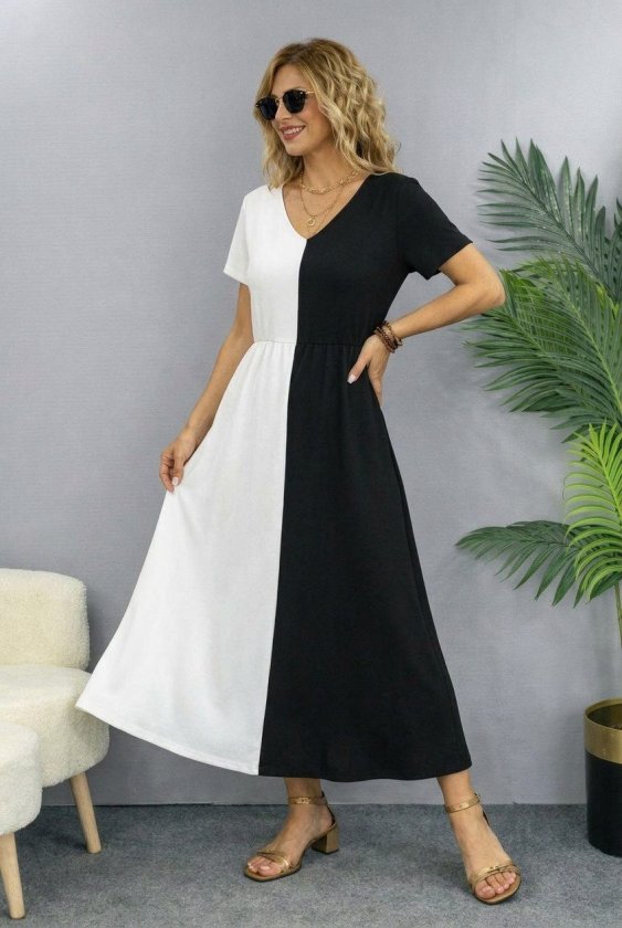 Women's Short Sleeve V-Neck Two-Tone Viscose Midi Dress, 32605