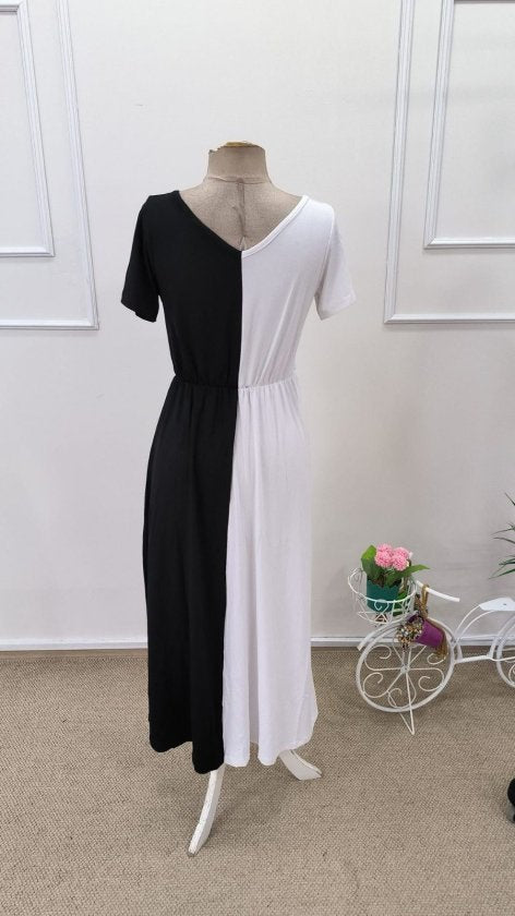 Women's Short Sleeve V-Neck Two-Tone Viscose Midi Dress, 32605