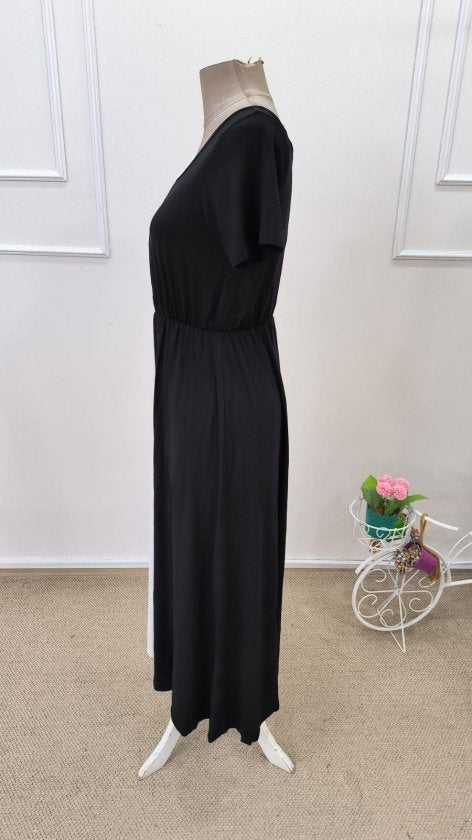 Women's Short Sleeve V-Neck Two-Tone Viscose Midi Dress, 32605