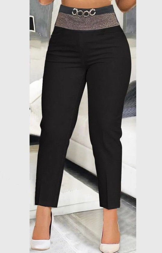 Pantaloni de damă din crep importat, cu talie înaltă, cu ornamente în față și cataramă, 32683