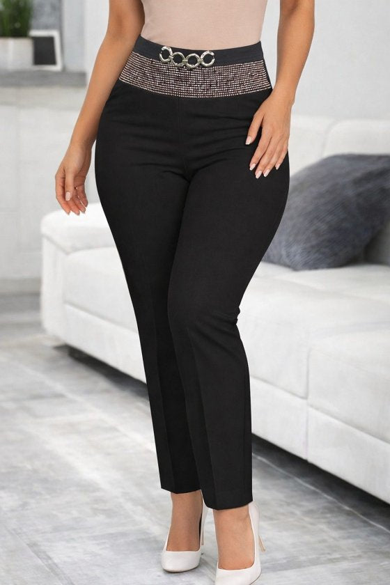 Pantaloni de damă din crep importat, cu talie înaltă, cu ornamente în față și cataramă, 32683