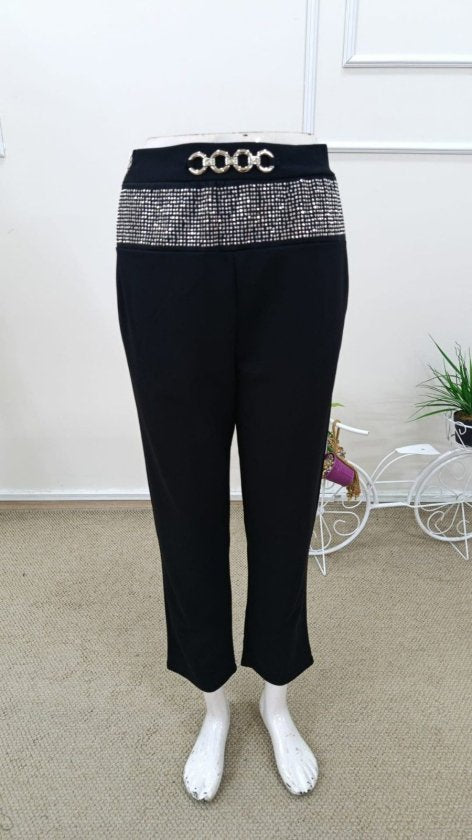 Pantaloni de damă din crep importat, cu talie înaltă, cu ornamente în față și cataramă, 32683