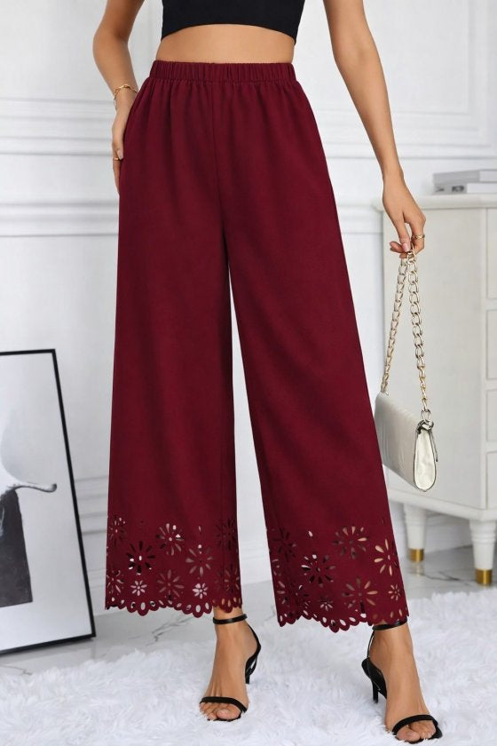 Pantaloni de damă din crep importat, cu talie înaltă și elastic, model floral, decupat cu laser, 32707