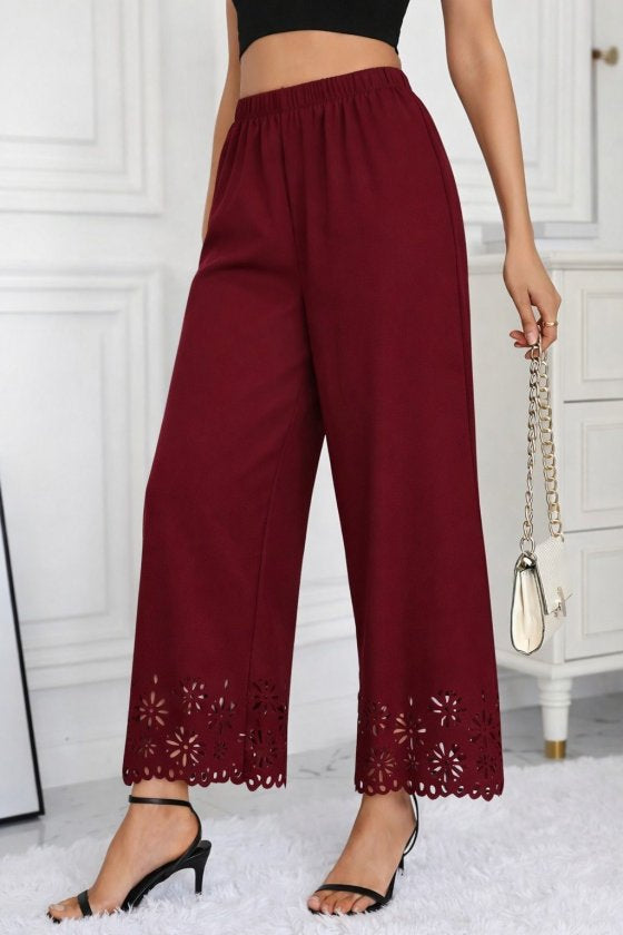 Pantaloni de damă din crep importat, cu talie înaltă și elastic, model floral, decupat cu laser, 32707