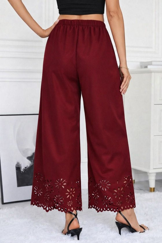 Pantaloni de damă din crep importat, cu talie înaltă și elastic, model floral, decupat cu laser, 32707