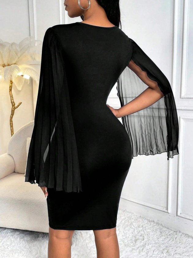 Women's Short Cape Sleeve Round Neck Buckled Short Imported Crepe Dress, 32802