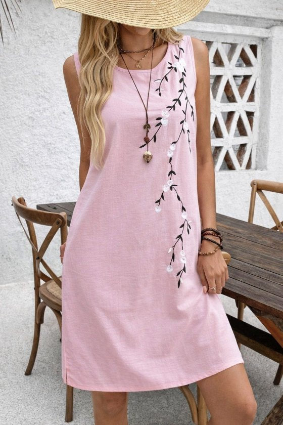 Rochie scurtă cu model floral și guler rotund, cu bretele, pentru femei, 32754