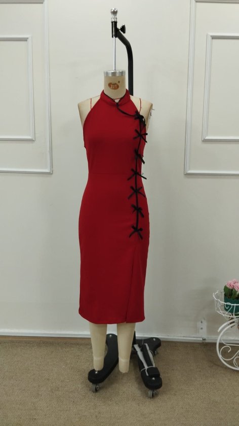 Women's One-Shoulder Open Front Bow Tie Detail Slit Midi Imported Crepe Dress, 32762